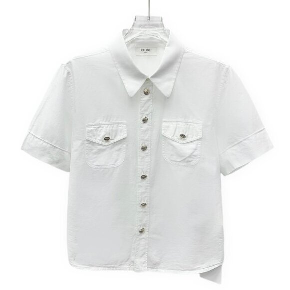 Celine White cotton short-sleeve shirt with turn-down collar and button closure - Picture 1 of 8
